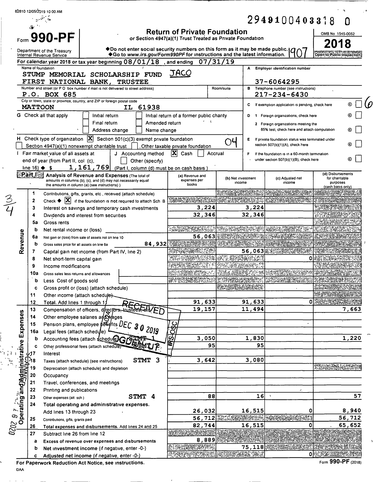 Image of first page of 2018 Form 990PR for Stump Memorial Scholarship Fund Washington Savings Bank Trustee