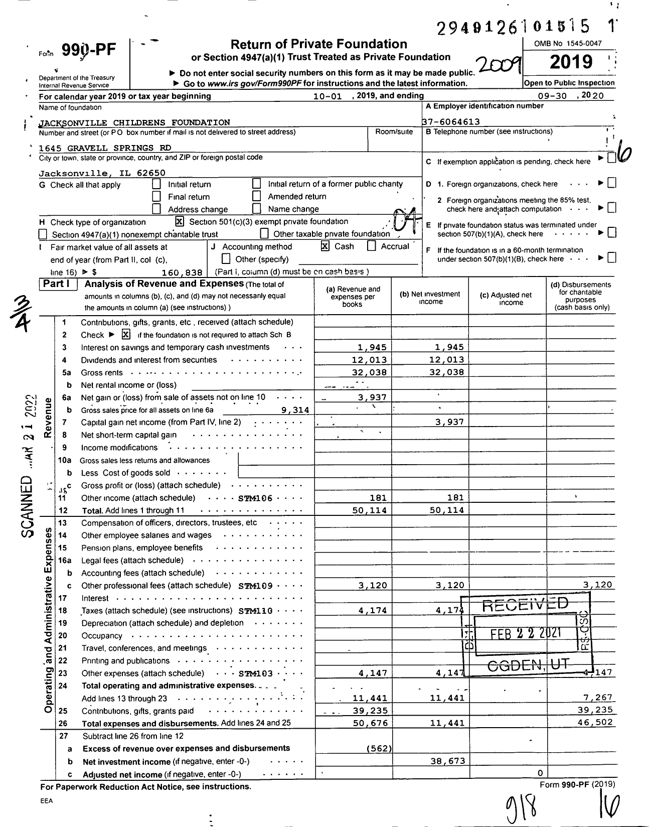 Image of first page of 2019 Form 990PF for JACKSONVILLE CHILDREN's Foundation