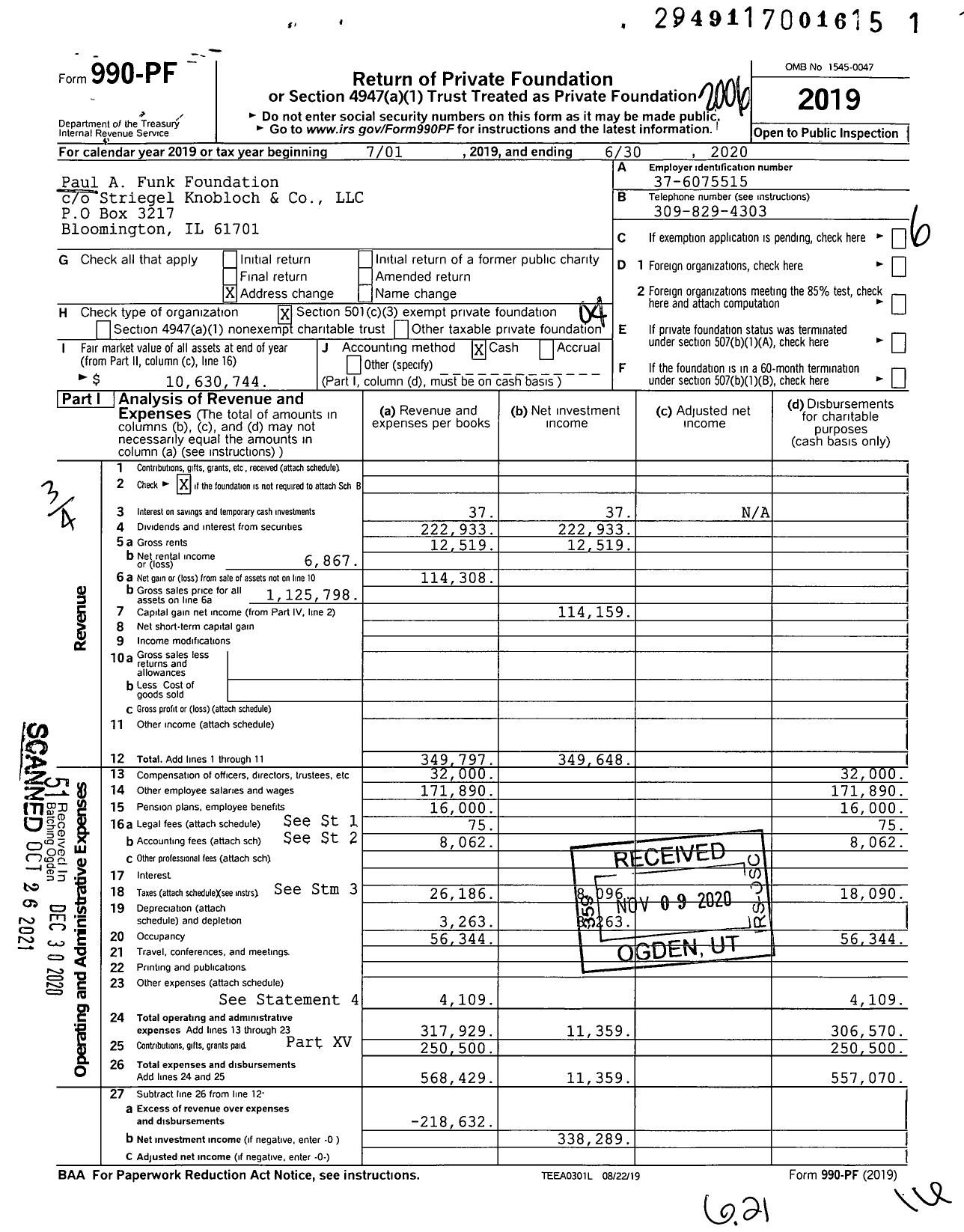 Image of first page of 2019 Form 990PF for Paul A Funk Foundation