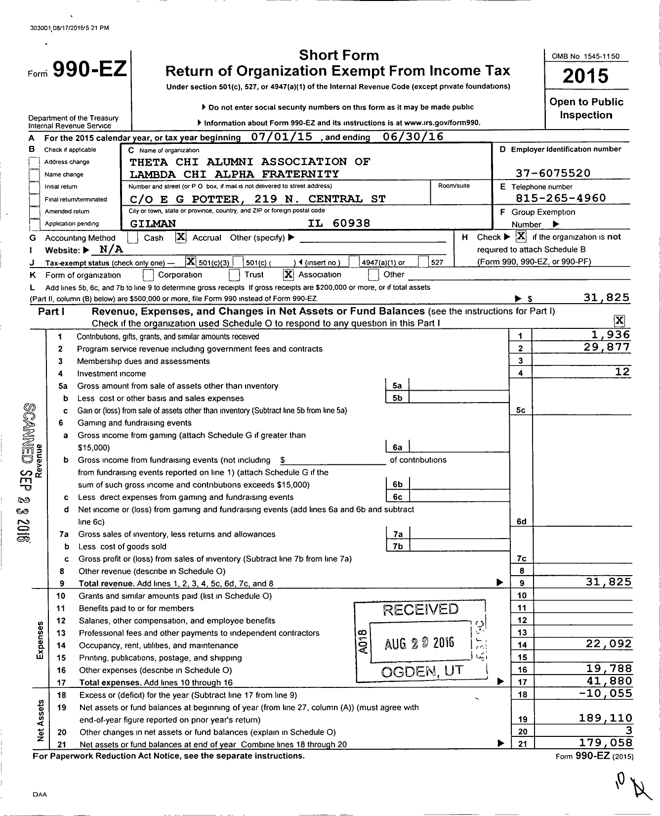 Image of first page of 2015 Form 990EZ for Lambda Chi Alpha Fraternity - Theta Chi Zeta