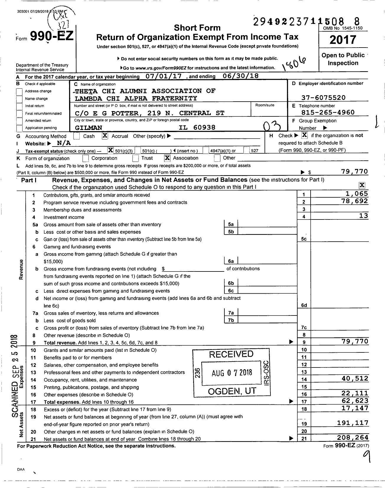 Image of first page of 2017 Form 990EZ for Lambda Chi Alpha Fraternity - Theta Chi Zeta