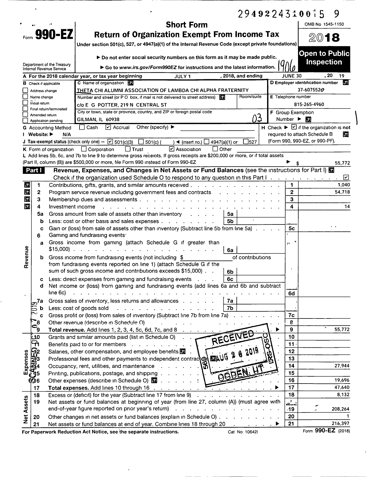 Image of first page of 2018 Form 990EZ for Lambda Chi Alpha Fraternity - Theta Chi Zeta