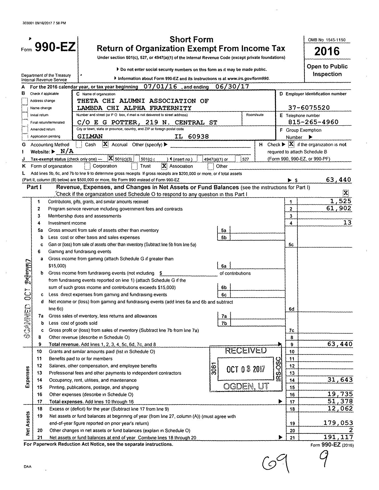 Image of first page of 2016 Form 990EZ for Lambda Chi Alpha Fraternity - Theta Chi Zeta