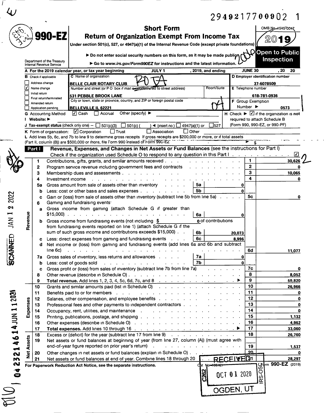 Image of first page of 2019 Form 990EO for Rotary International - Belle Clair Rotary Club