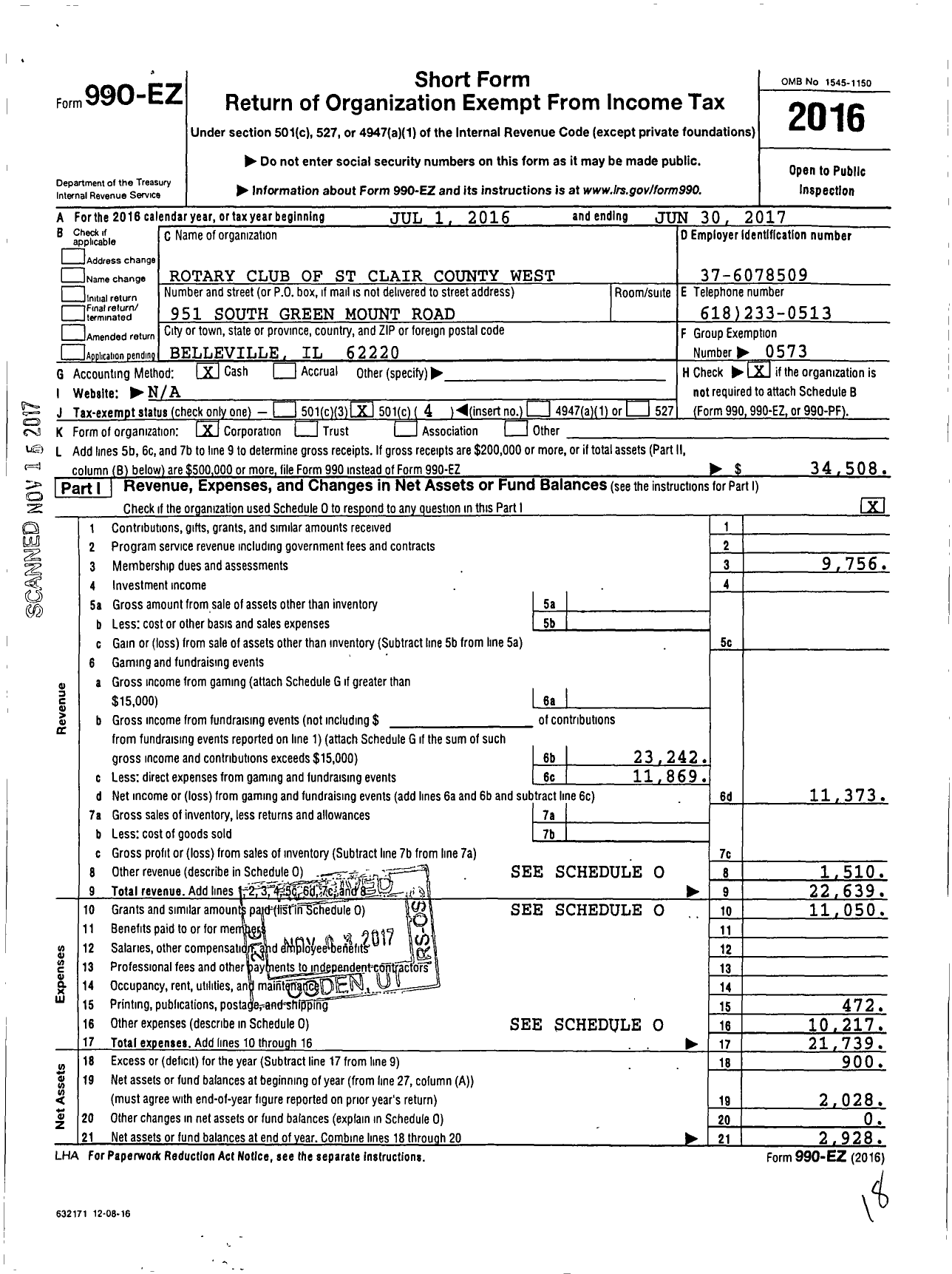 Image of first page of 2016 Form 990EO for Rotary International - Belle Clair Rotary Club