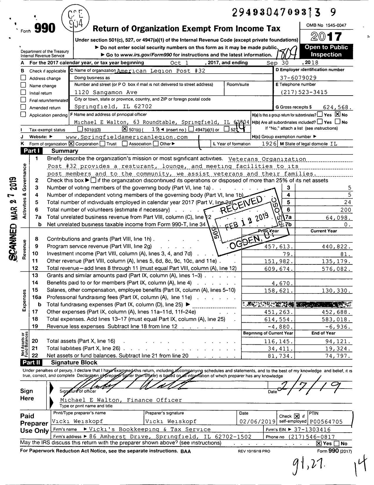 Image of first page of 2017 Form 990O for American Legion Post 32