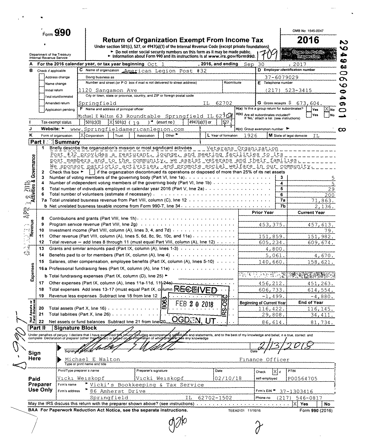 Image of first page of 2016 Form 990O for American Legion Post 32
