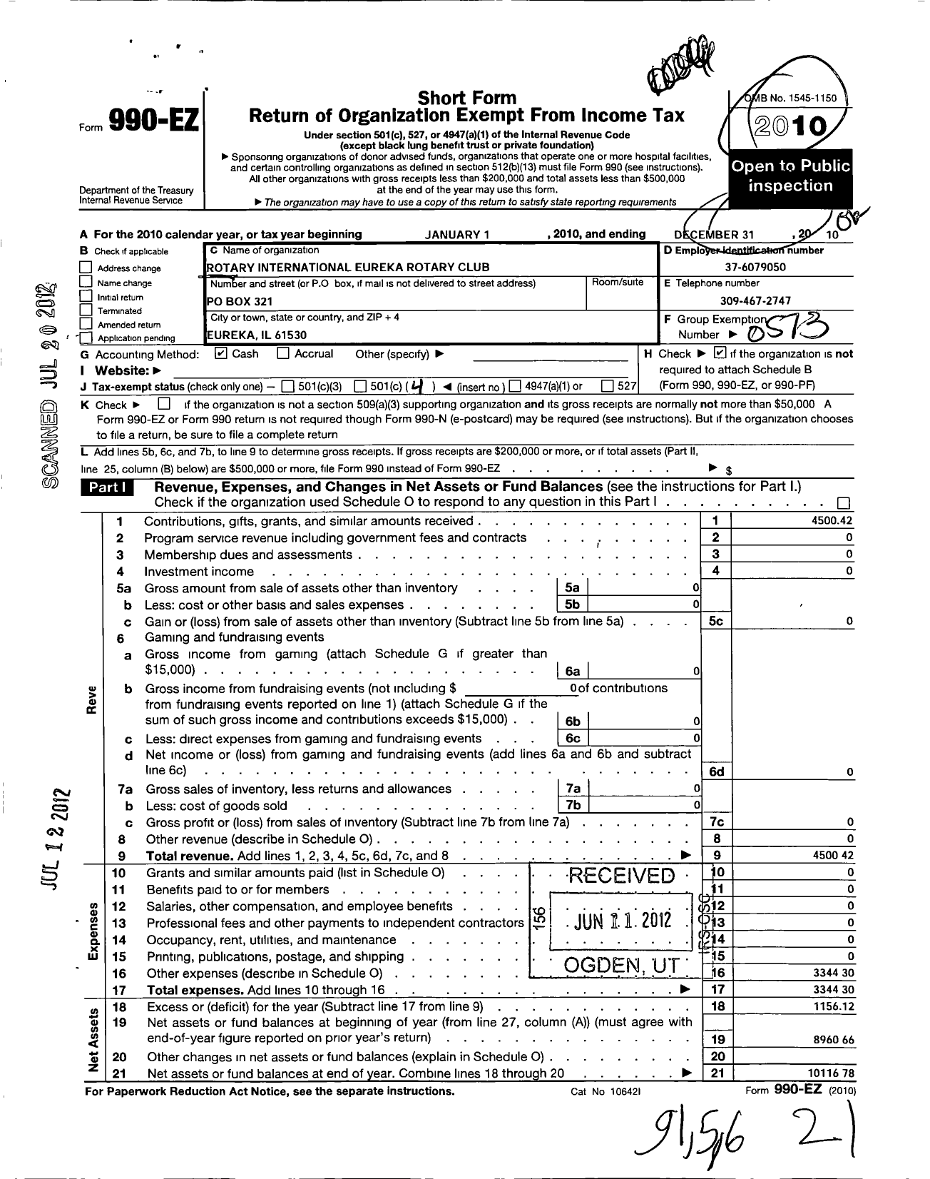 Image of first page of 2010 Form 990EO for Rotary International - Eureka Rotary Club