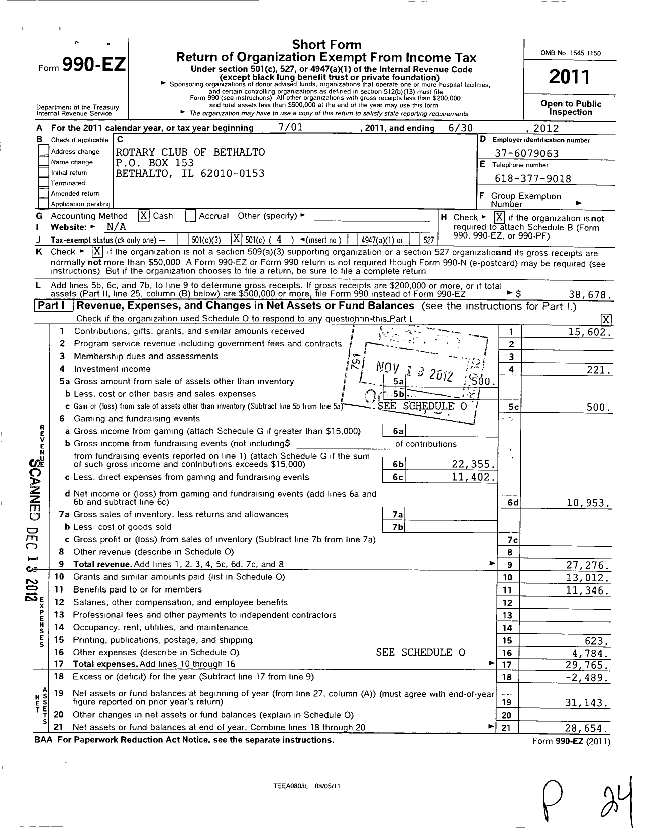 Image of first page of 2011 Form 990EO for Rotary International - Rotary Club of Bethalto