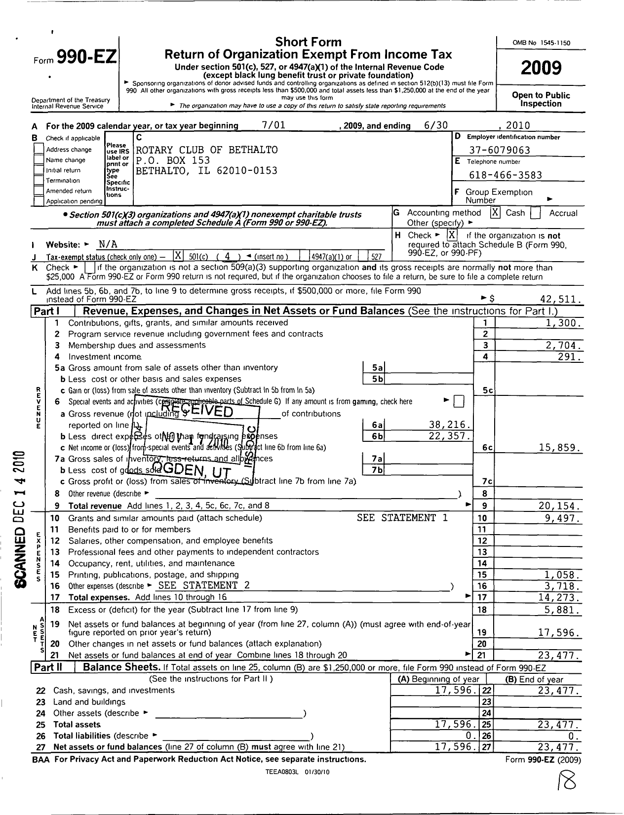 Image of first page of 2009 Form 990EO for Rotary International - Rotary Club of Bethalto