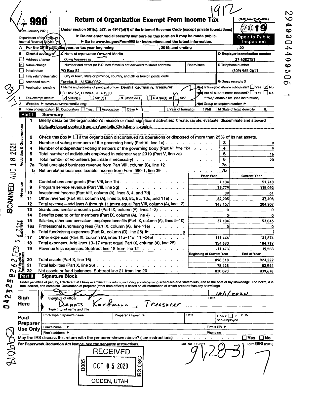 Image of first page of 2019 Form 990 for Onward Media