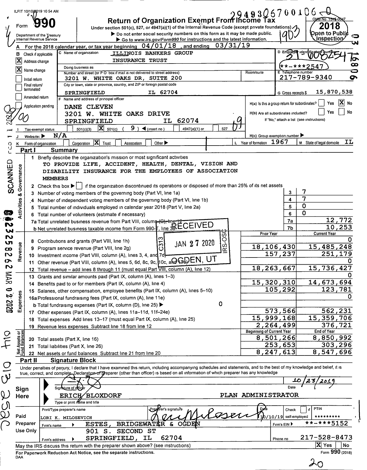 Image of first page of 2018 Form 990O for Illinois Bankers Group Insurance Trust