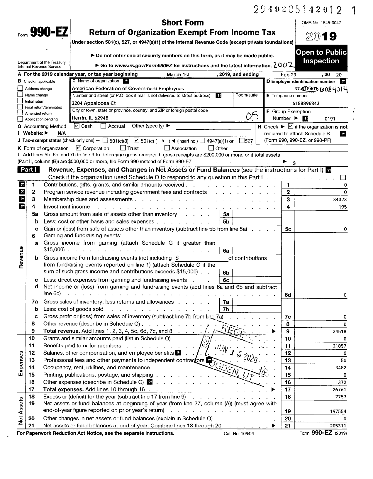 Image of first page of 2019 Form 990EO for American Federation of Government Employees - 2343 Afge Bop Local