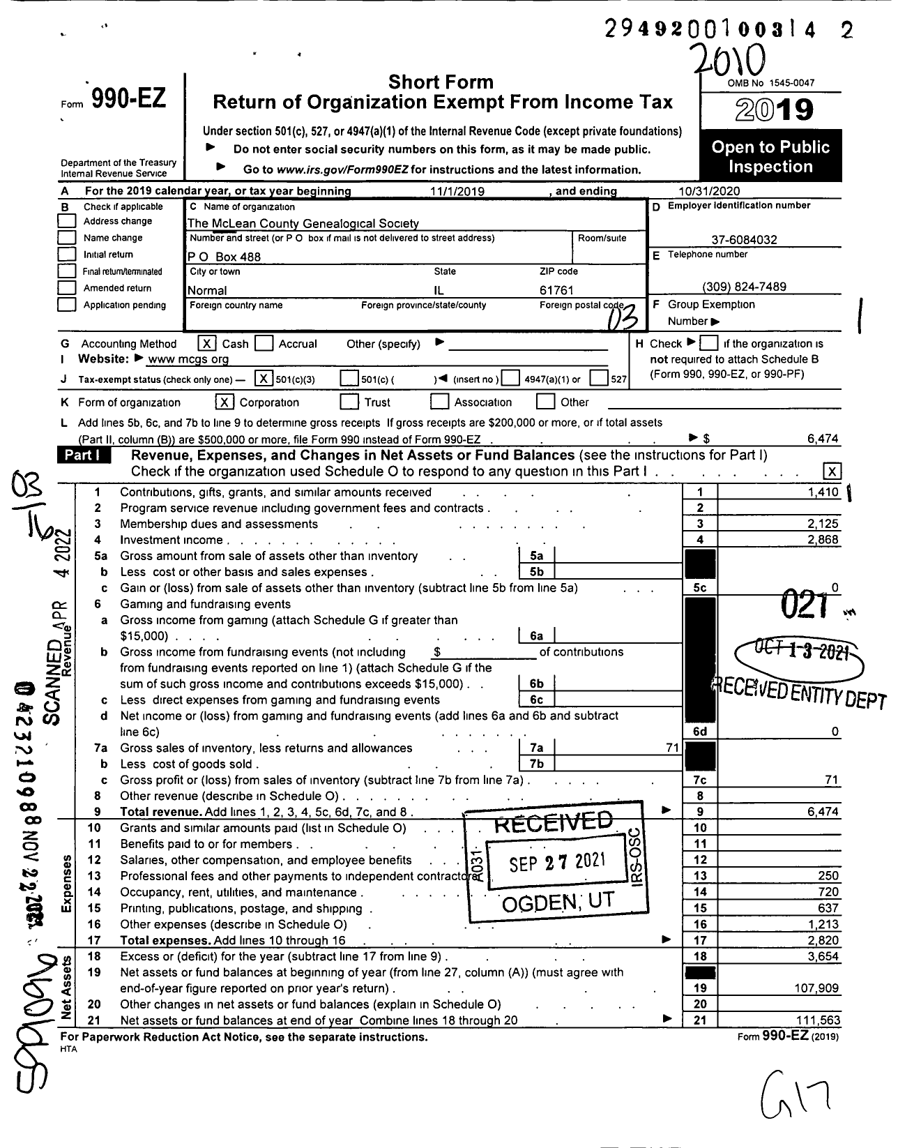 Image of first page of 2019 Form 990EZ for The McLean County Genealogical Society