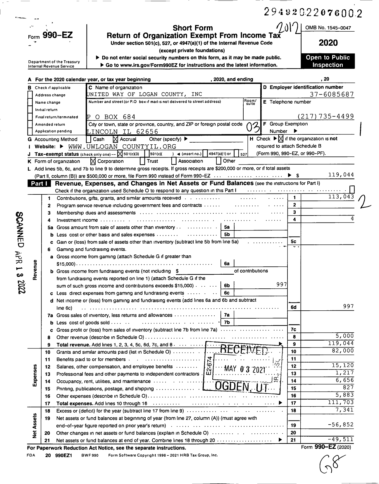 Image of first page of 2020 Form 990EZ for United Way of Logan County