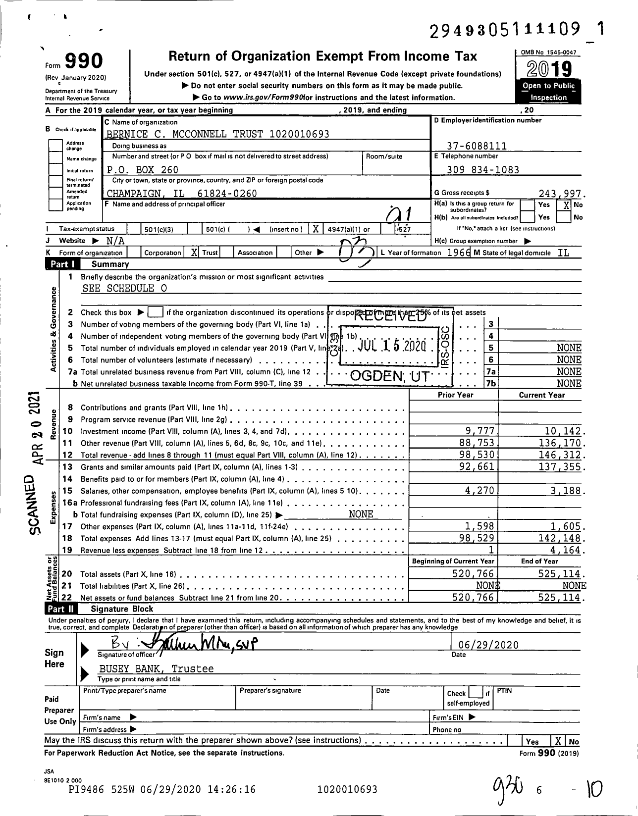 Image of first page of 2019 Form 990O for Bernice C Mcconnell Trust 1020010693