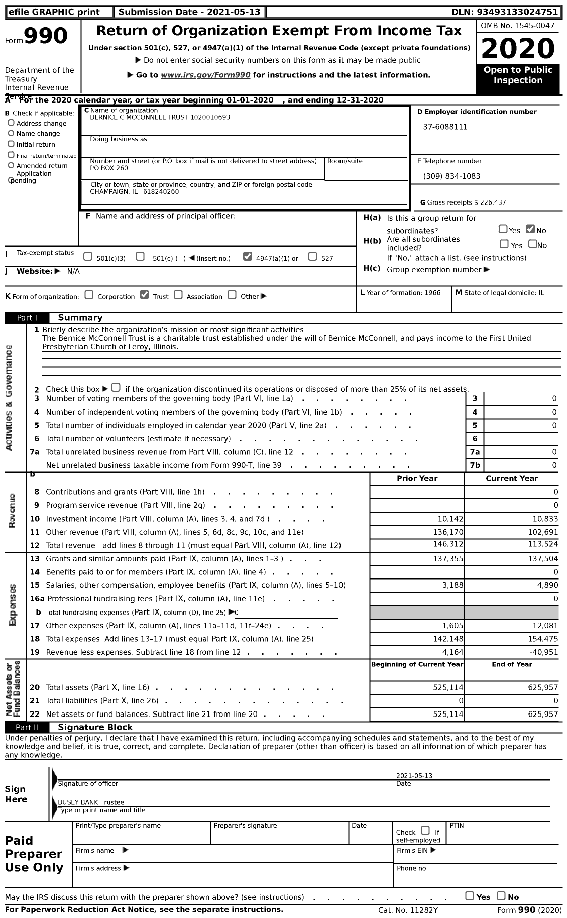 Image of first page of 2020 Form 990 for Bernice C Mcconnell Trust 1020010693