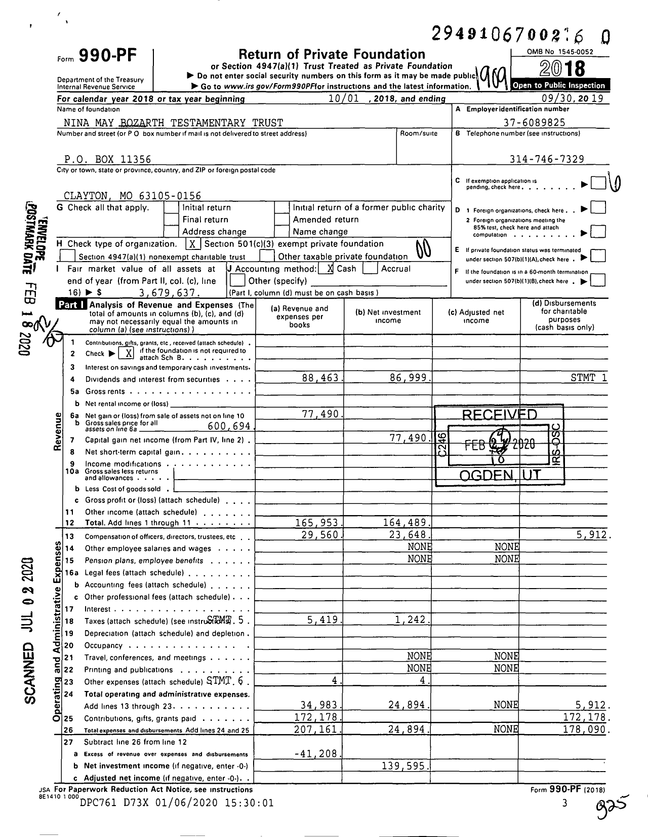 Image of first page of 2018 Form 990PR for Nina May Bozarth Testamentary Trust