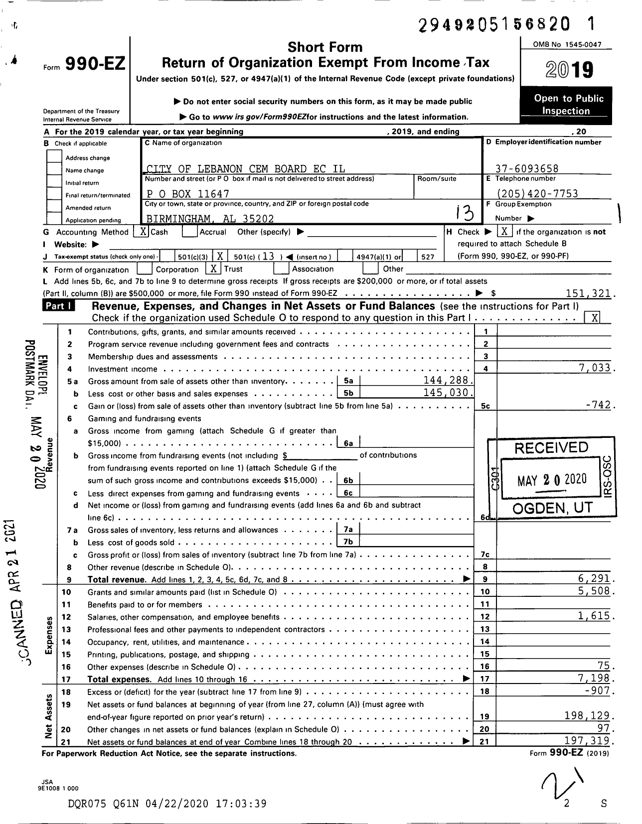 Image of first page of 2019 Form 990EO for City of Lebanon Cem Board Ec Il