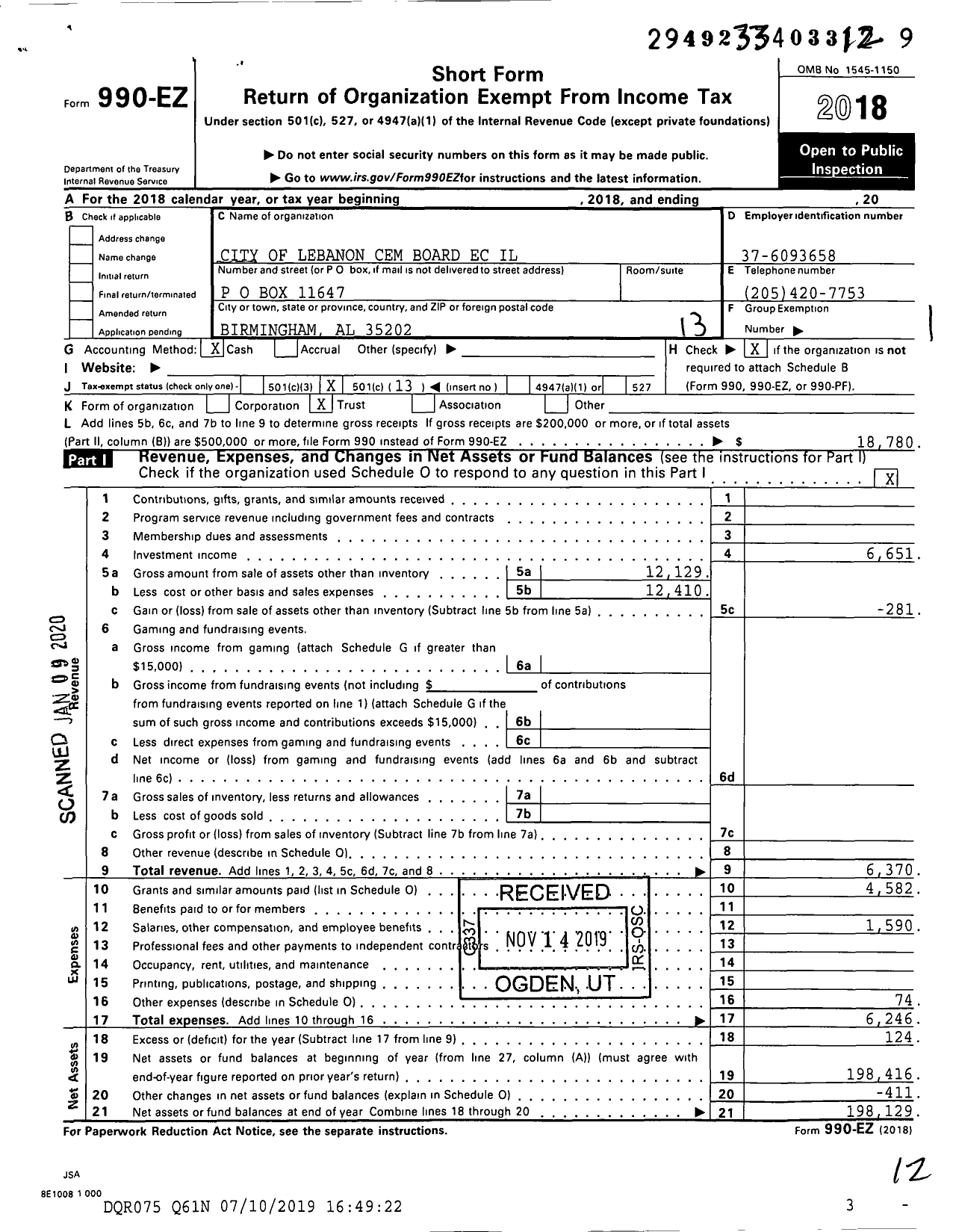 Image of first page of 2018 Form 990EO for City of Lebanon Cem Board Ec Il