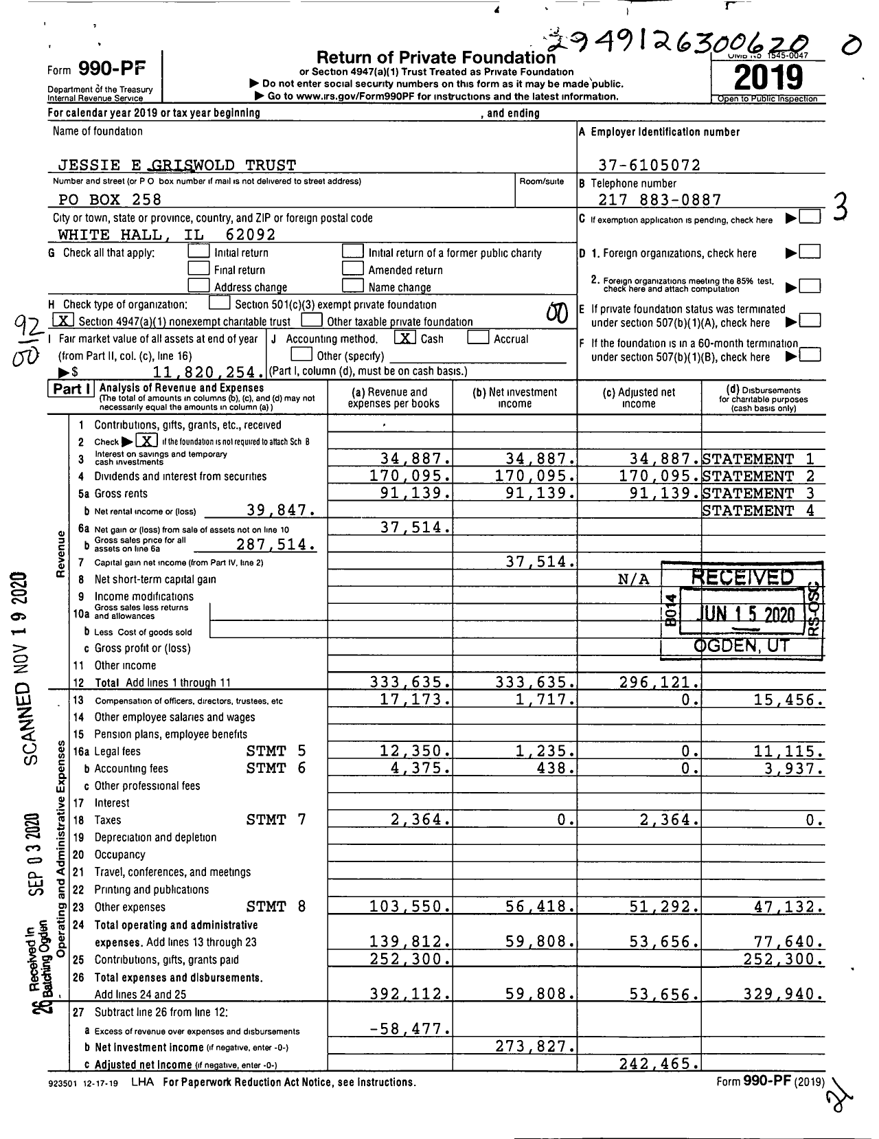 Image of first page of 2019 Form 990PF for Jessie E Griswold Trust