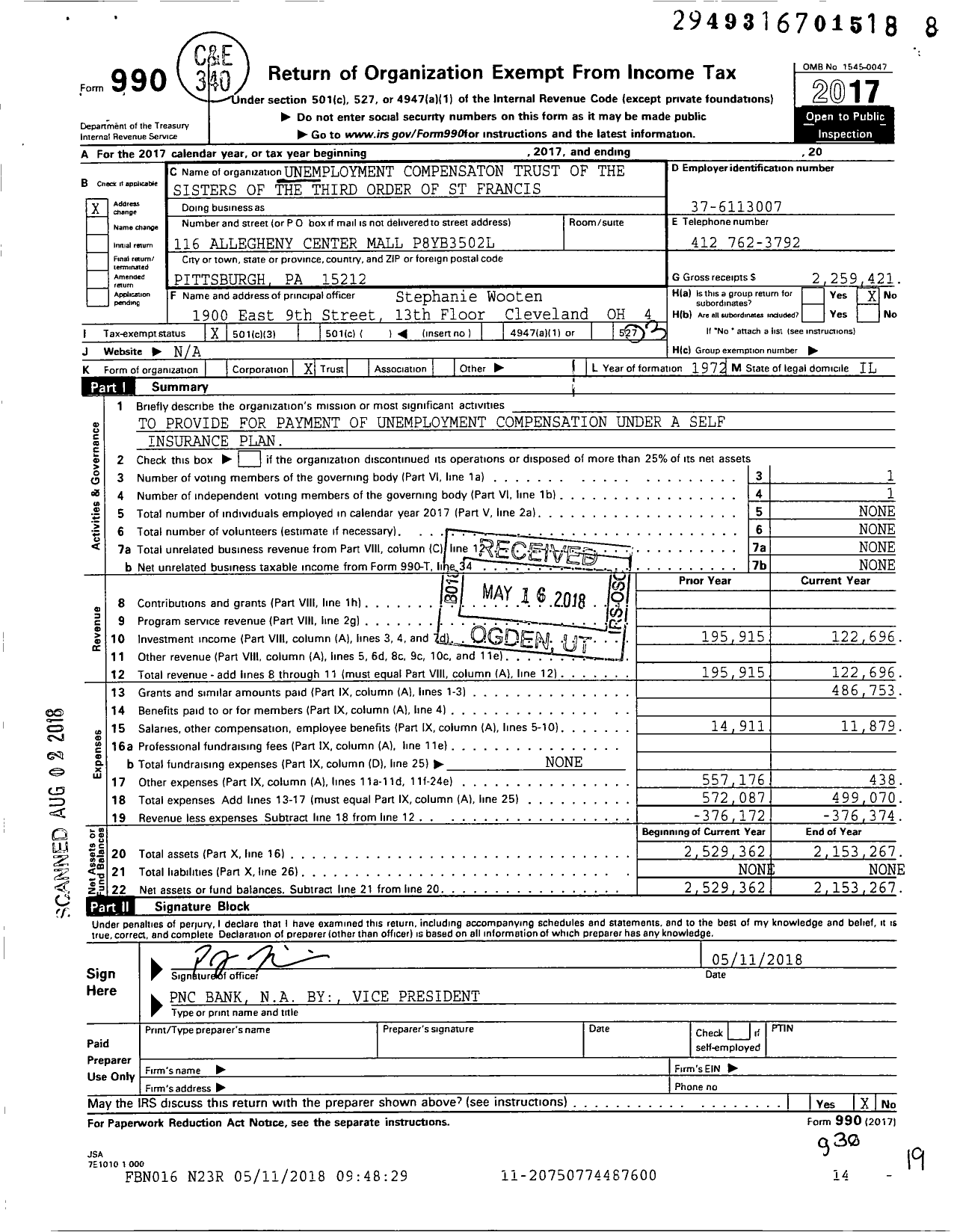 Image of first page of 2017 Form 990 for Unemployment Compensaton Trust of the