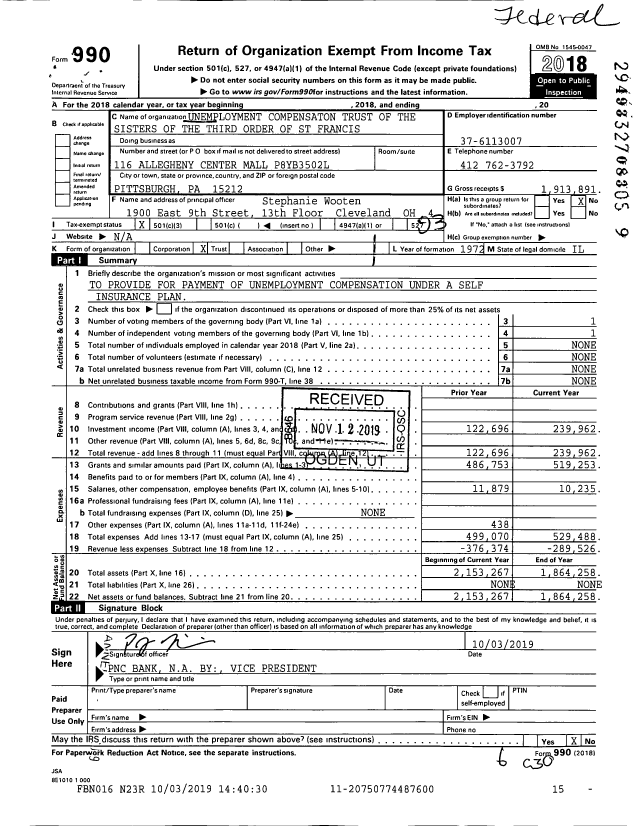 Image of first page of 2018 Form 990 for Unemployment Compensaton Trust of the