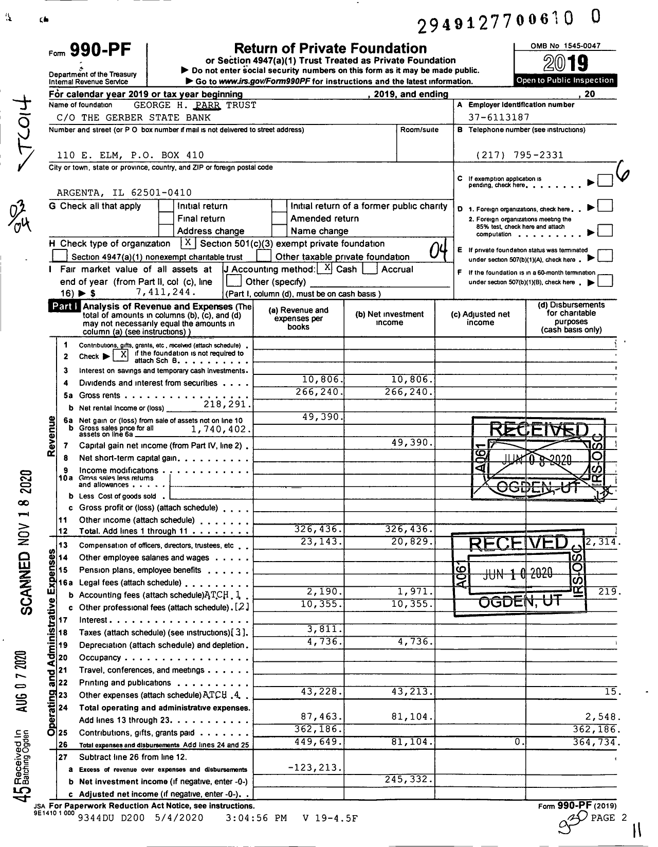 Image of first page of 2019 Form 990PF for George H Parr Trust CO The Gerber State Bank