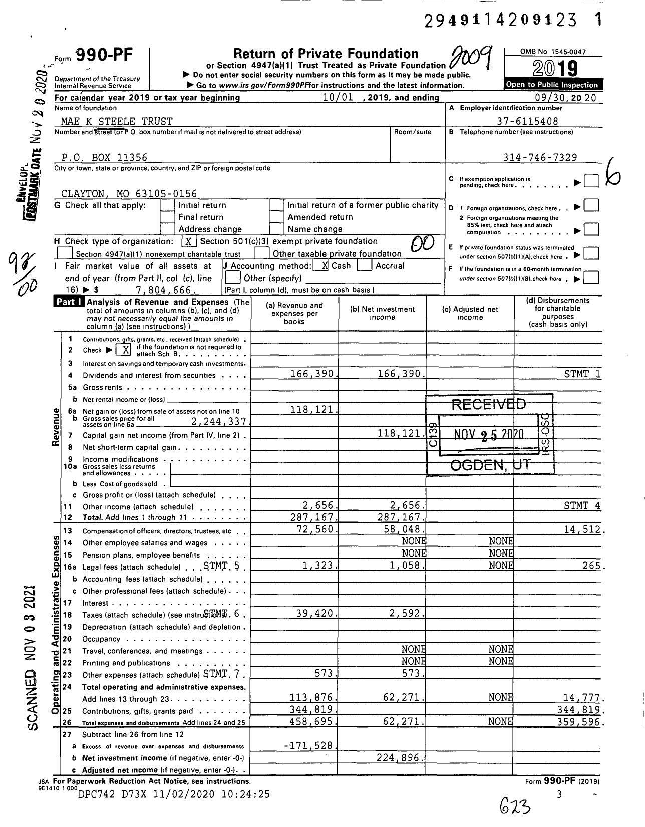 Image of first page of 2019 Form 990PF for Mae K Steele Trust