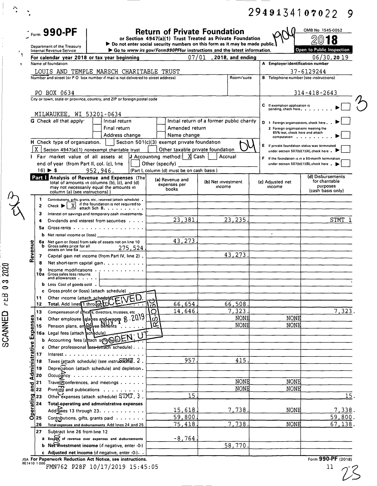 Image of first page of 2018 Form 990PF for Louis and Temple Marsch Charitable Trust