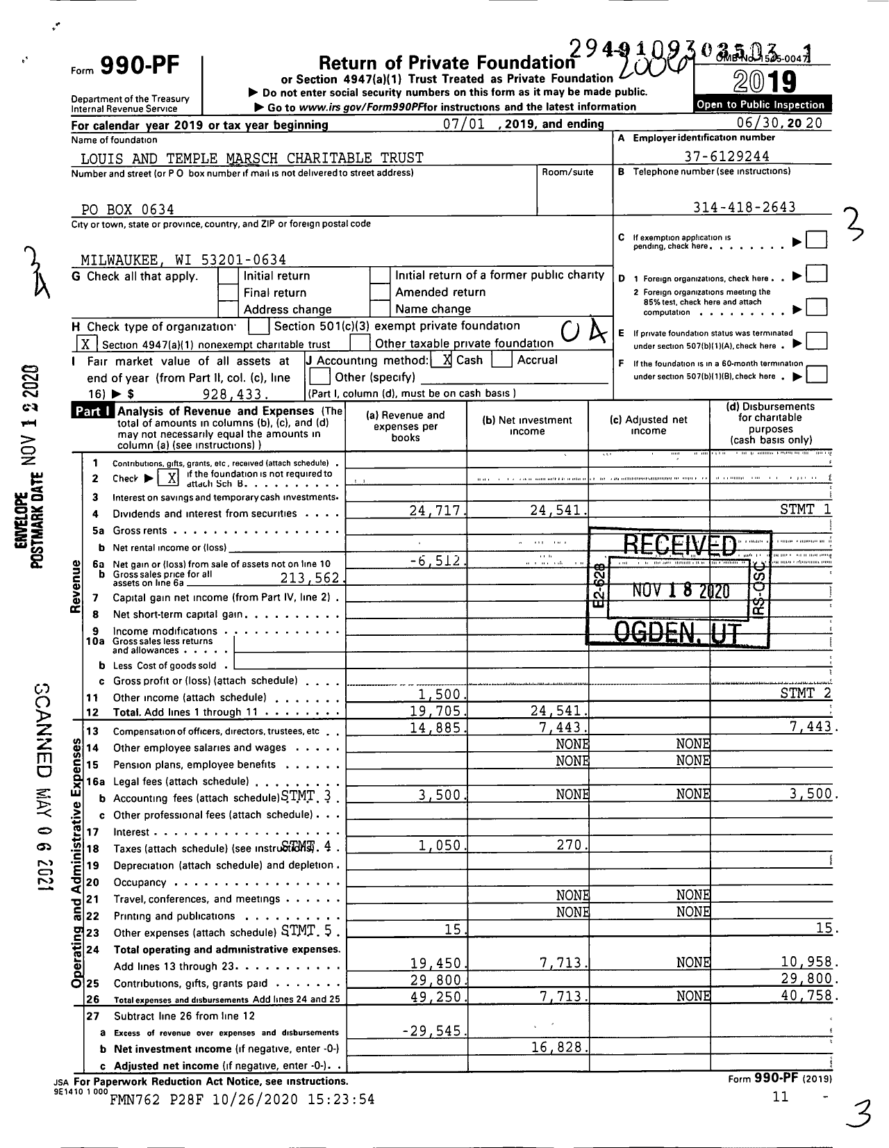 Image of first page of 2019 Form 990PF for Louis and Temple Marsch Charitable Trust