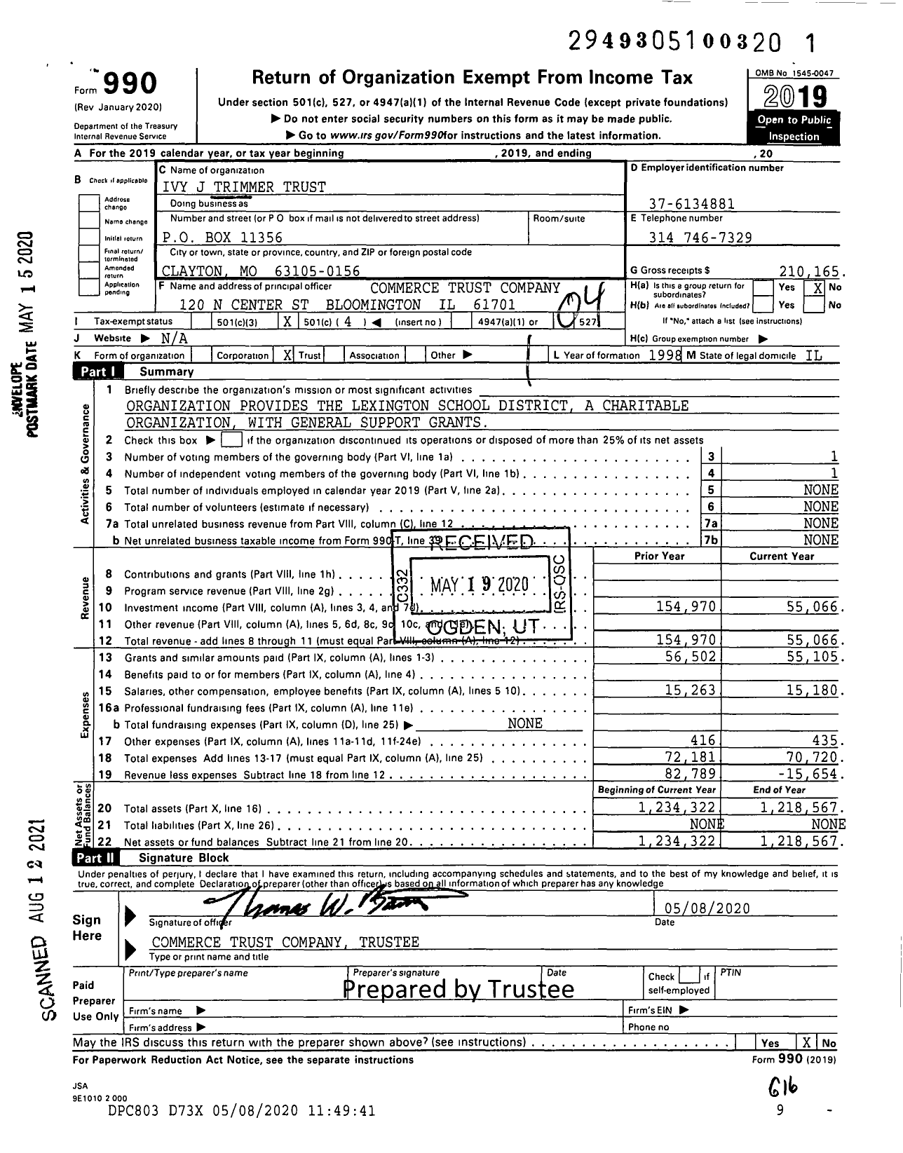 Image of first page of 2019 Form 990O for Ivy J Trimmer Trust