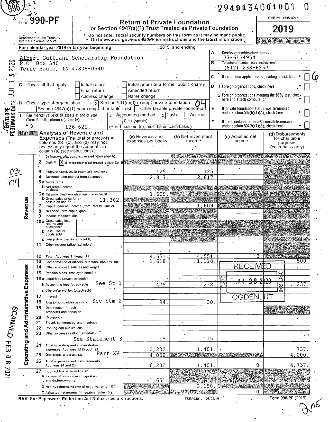 Image of first page of 2019 Form 990PF for Albert Guiliani Scholarship Foundation