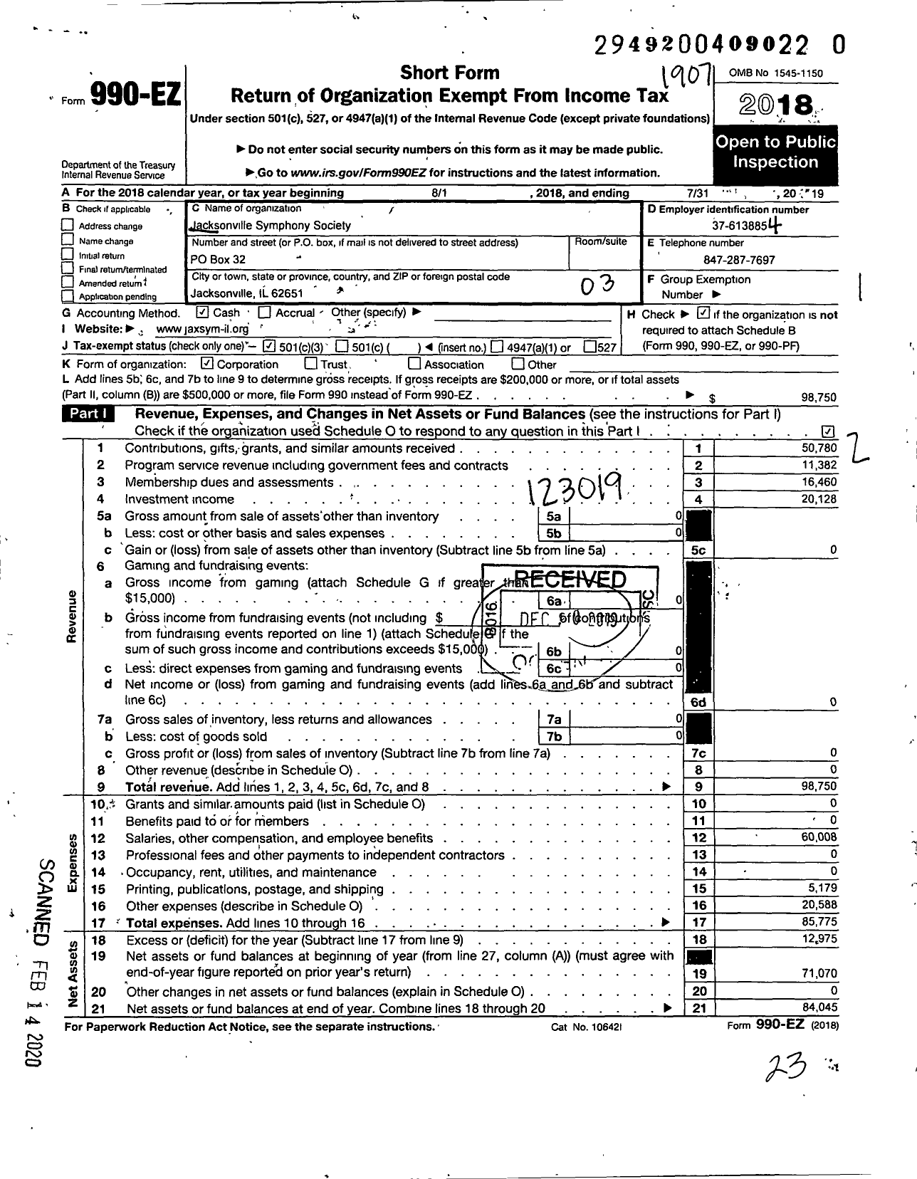 Image of first page of 2018 Form 990EZ for Jacksonville Symphony Society