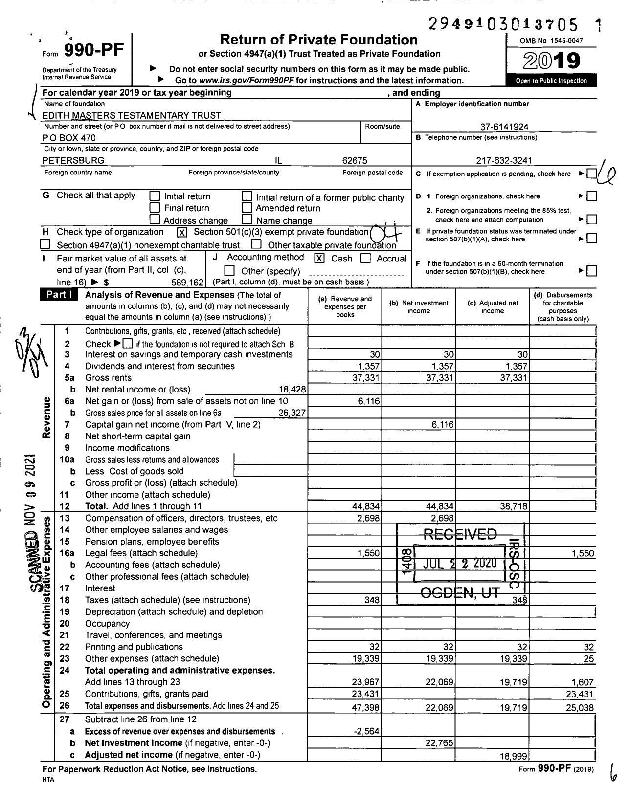 Image of first page of 2019 Form 990PF for Edith Masters Testamentary Trust