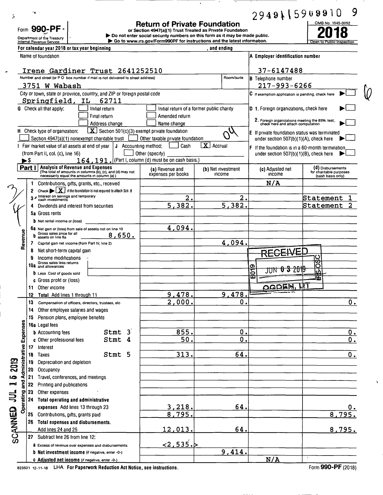 Image of first page of 2018 Form 990PF for Irene Gardiner Trust 2641252510