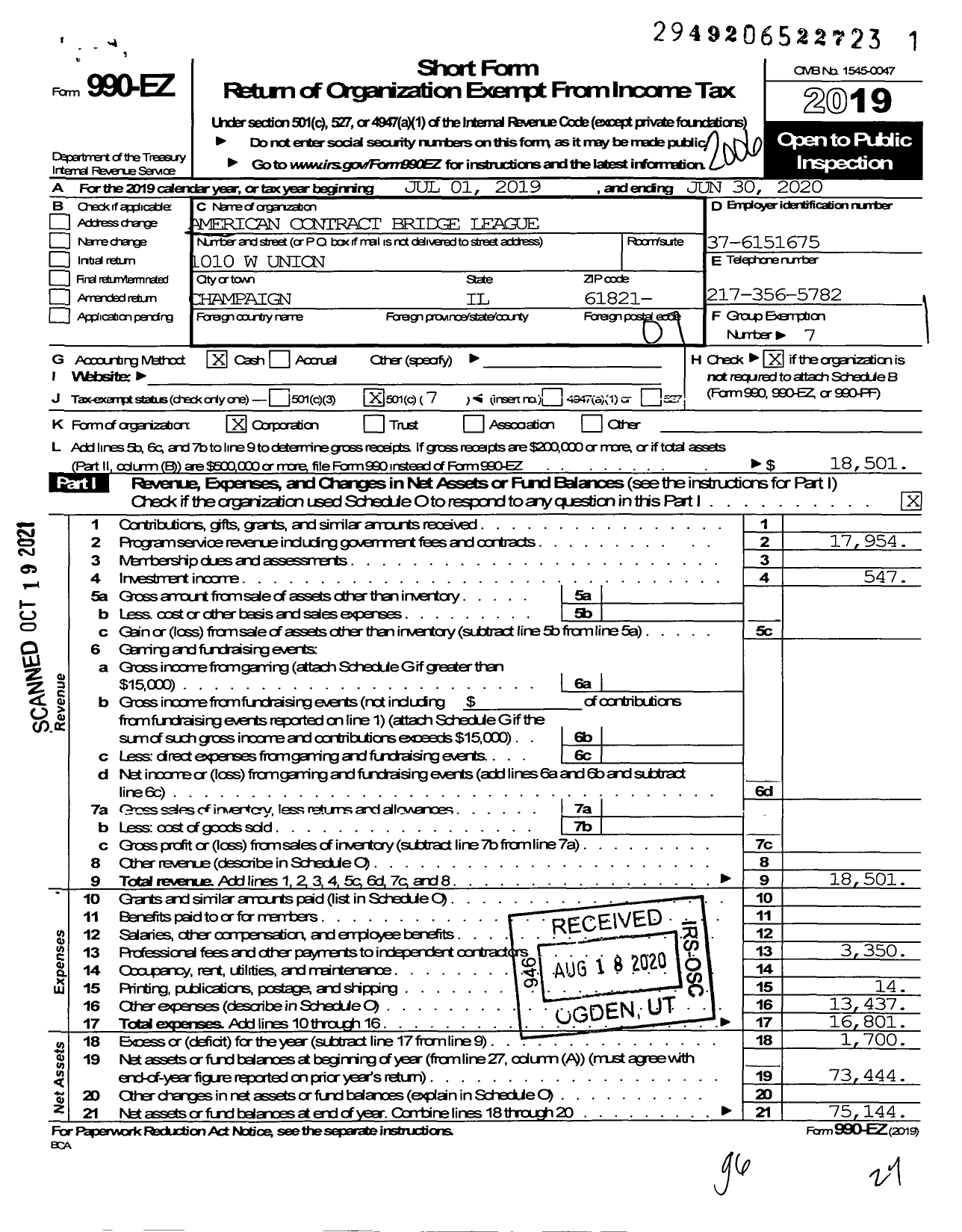 Image of first page of 2019 Form 990EO for American Contract Bridge League District 8