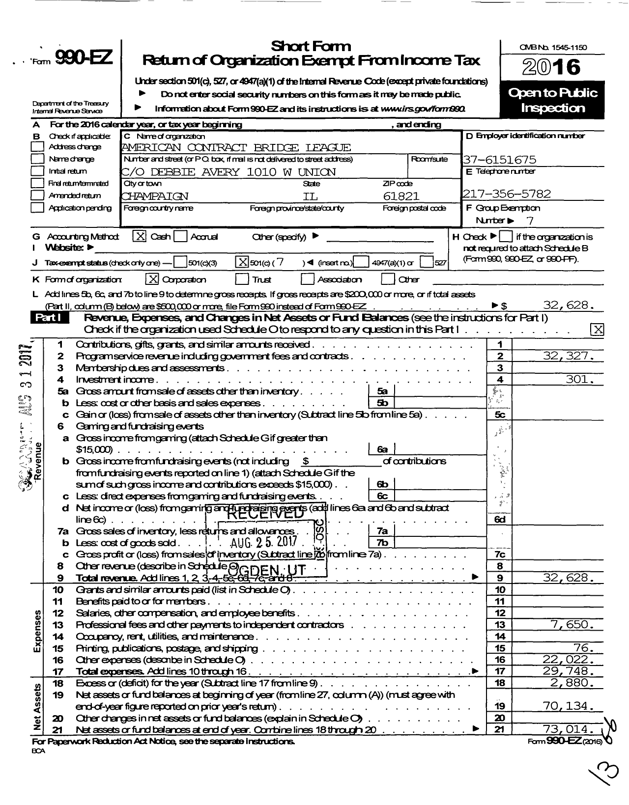 Image of first page of 2016 Form 990EO for American Contract Bridge League District 8