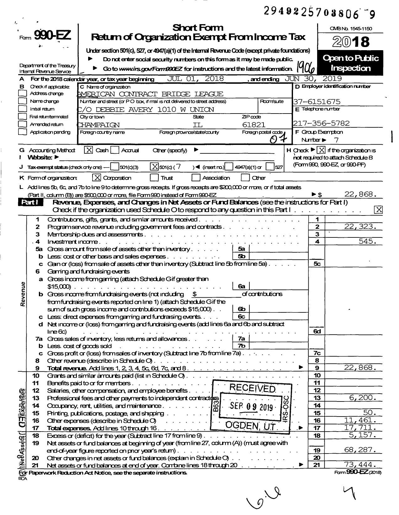 Image of first page of 2018 Form 990EO for American Contract Bridge League District 8