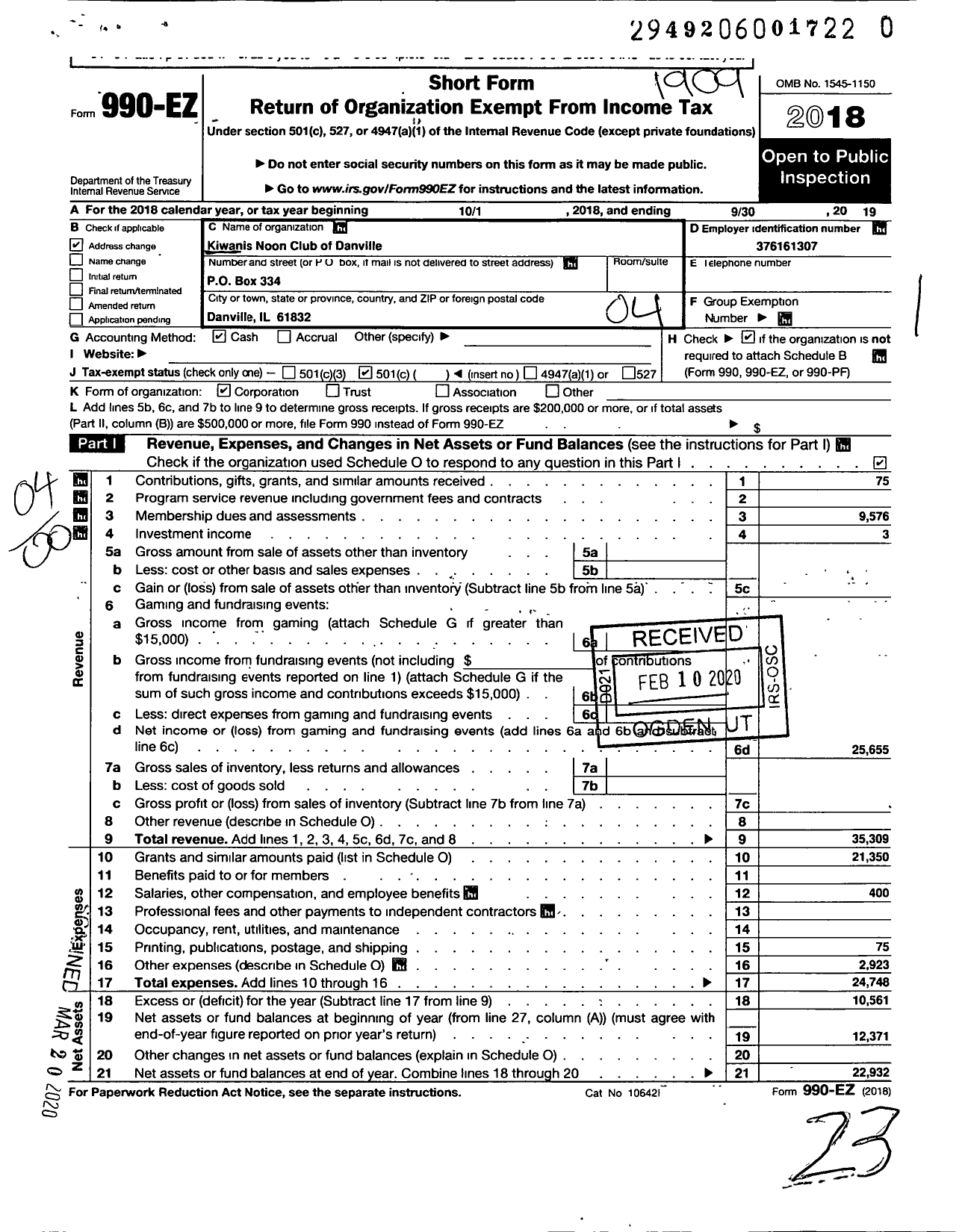 Image of first page of 2018 Form 990EO for Kiwanis International - K00218 Danville