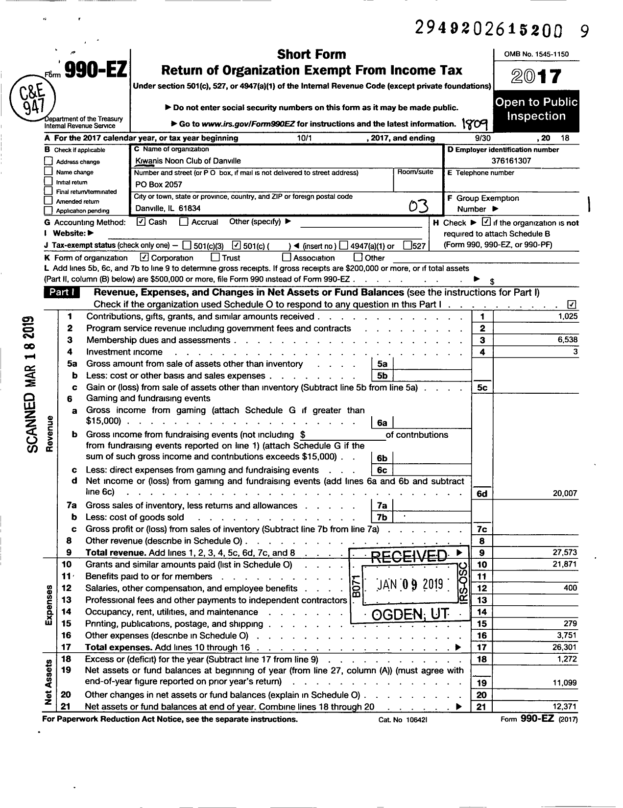 Image of first page of 2017 Form 990EZ for Kiwanis International - K00218 Danville