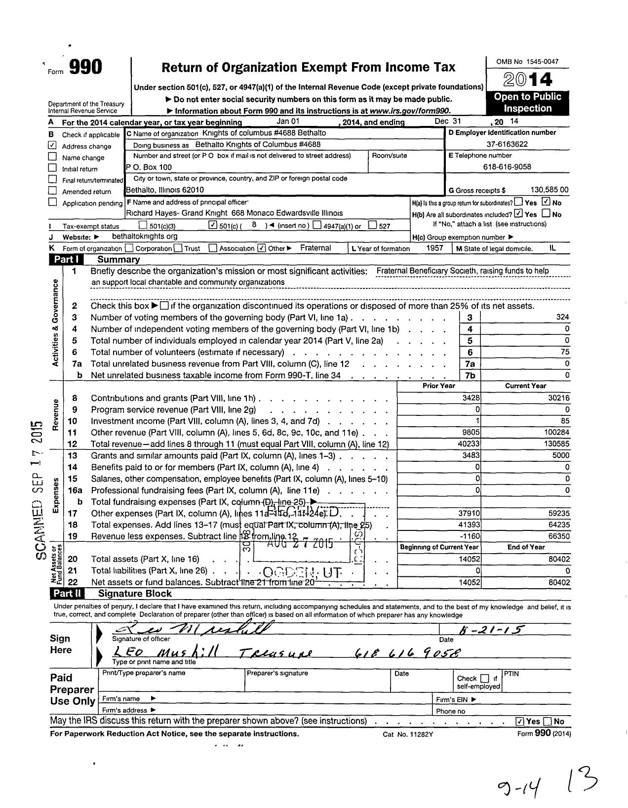 Image of first page of 2014 Form 990O for Knights of Columbus - Bethalto Knights of Columbus 4688
