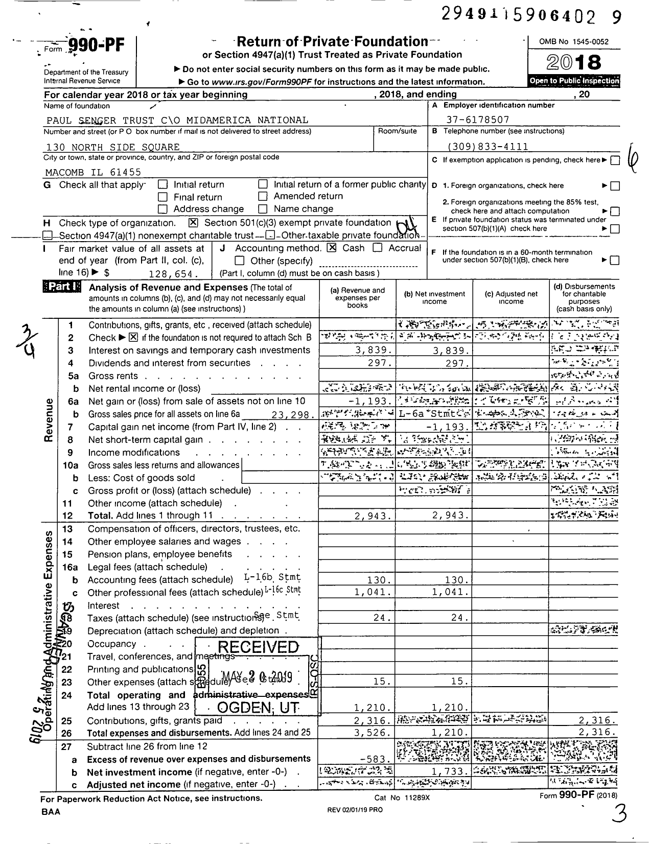 Image of first page of 2018 Form 990PF for Paul Senger Tuw 530