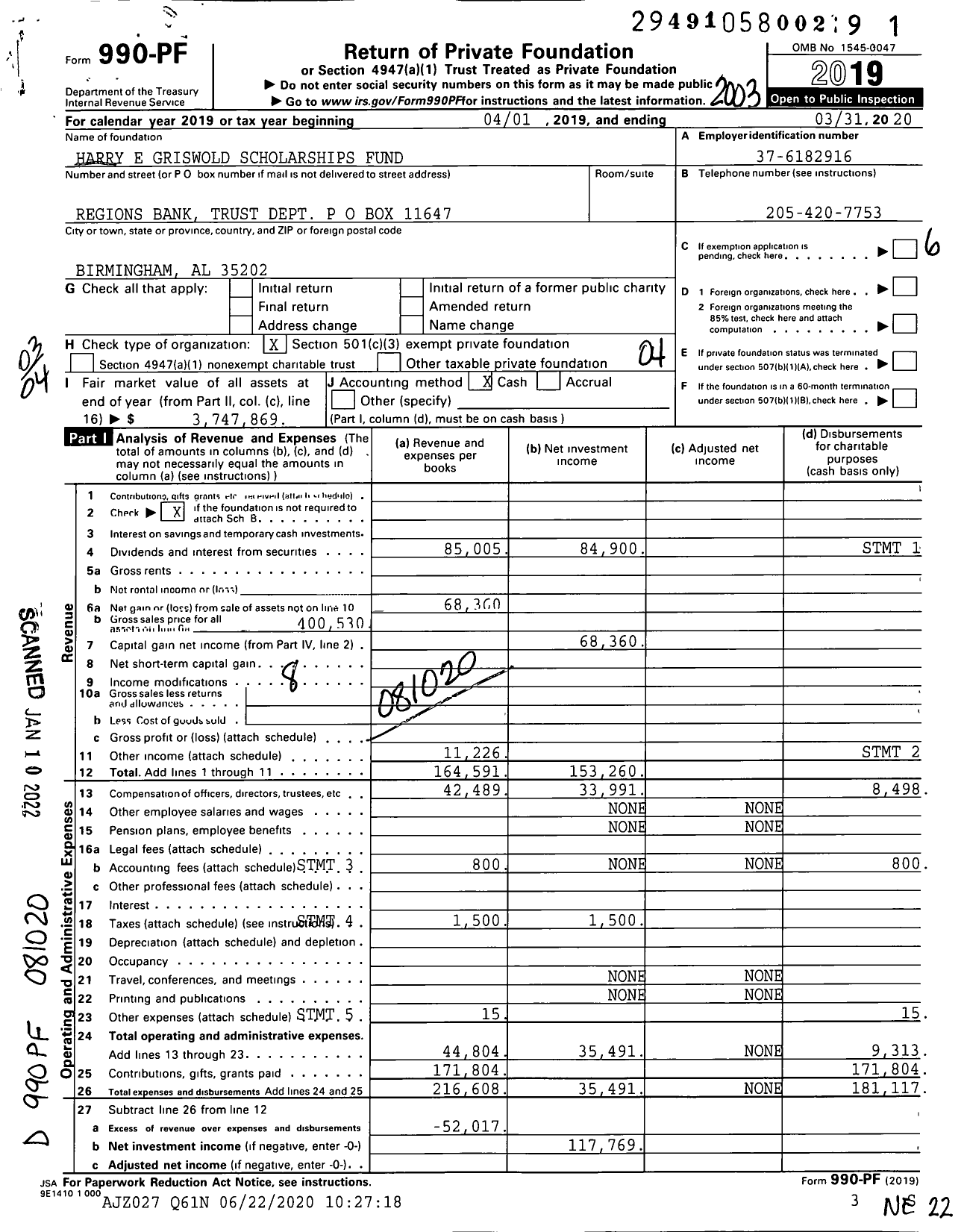Image of first page of 2019 Form 990PF for Harry E Griswold Scholarships Fund