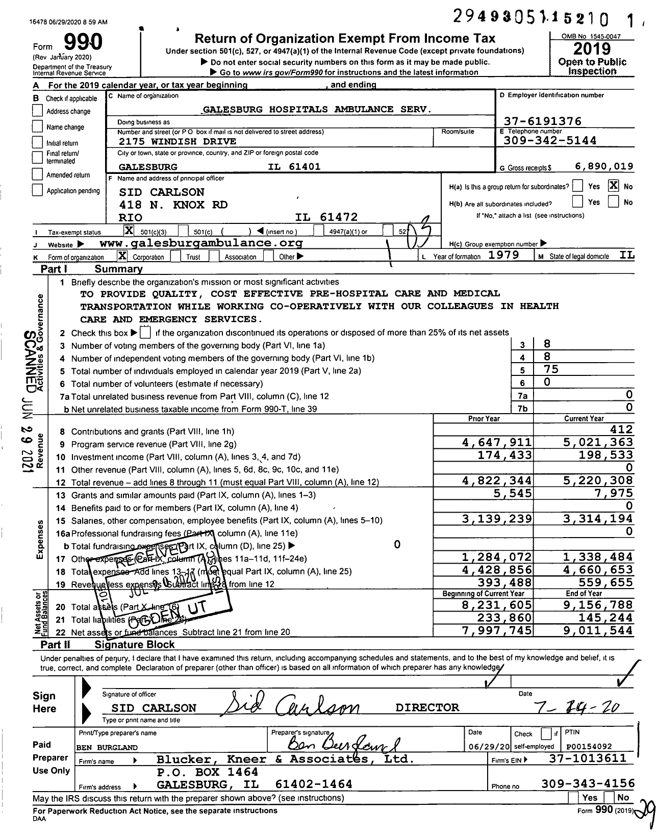 Image of first page of 2019 Form 990 for Galesburg Hospitals Ambulance Service
