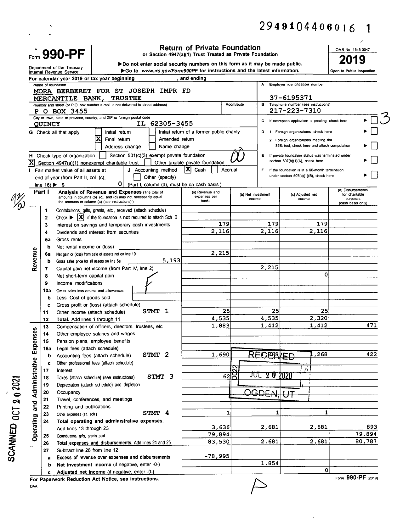 Image of first page of 2019 Form 990PF for Mora Berberet for St Joseph Impr FD Mercantile Bank Trustee