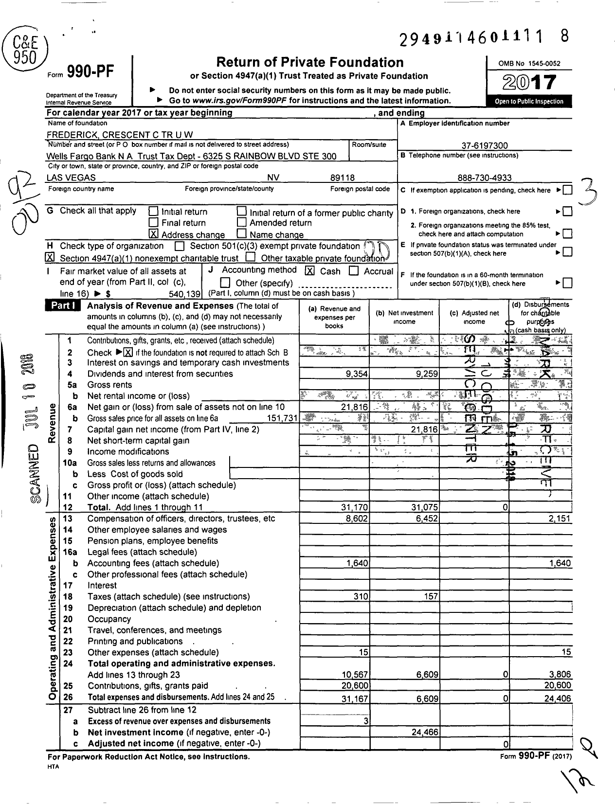 Image of first page of 2017 Form 990PF for Frederick Crescent C TR Uw