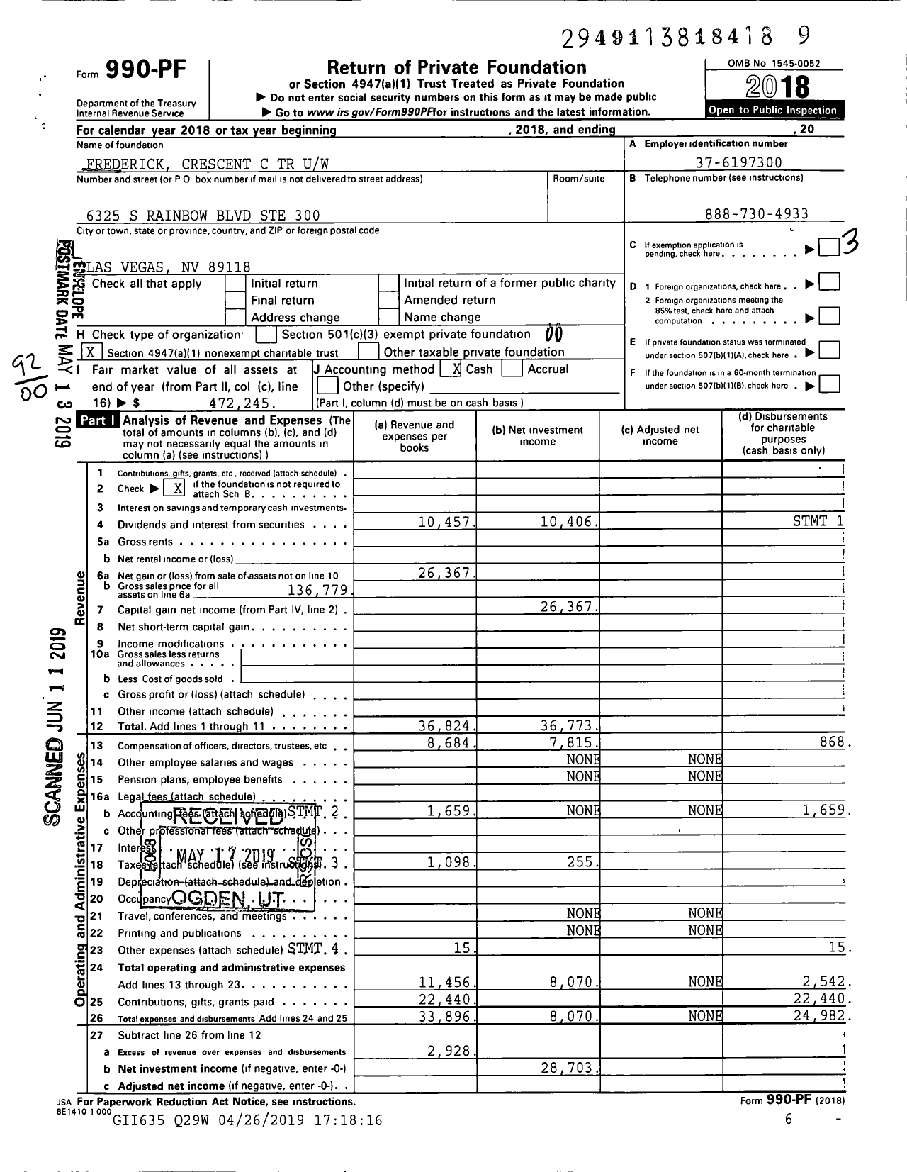 Image of first page of 2018 Form 990PF for Frederick Crescent C TR Uw