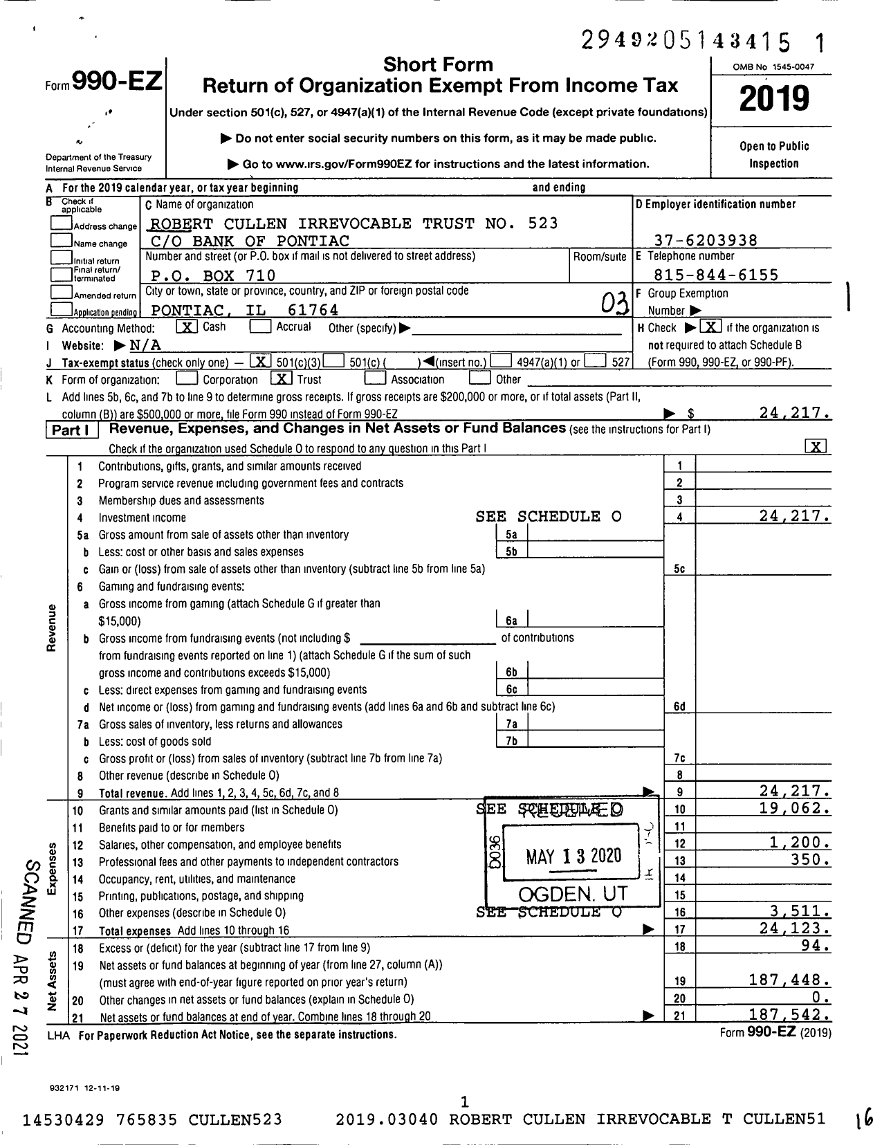 Image of first page of 2019 Form 990EZ for Robert Cullen Irrevocable Trust No 523 CO Bank of Pontiac