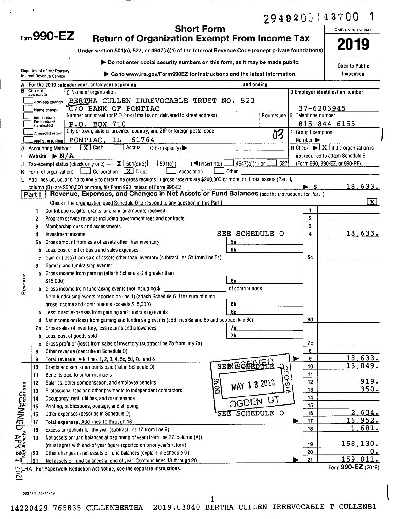 Image of first page of 2019 Form 990EZ for Bertha Cullen Irrevocable Trust No 522 CO Bank of Pontiac